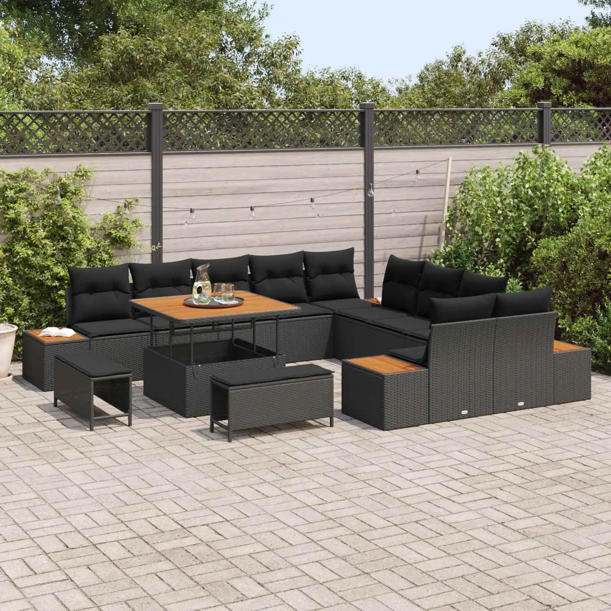 Garden Sofa Set 13 Piece Modern Outdoor Furniture Black Poly Rattan Steel Frame