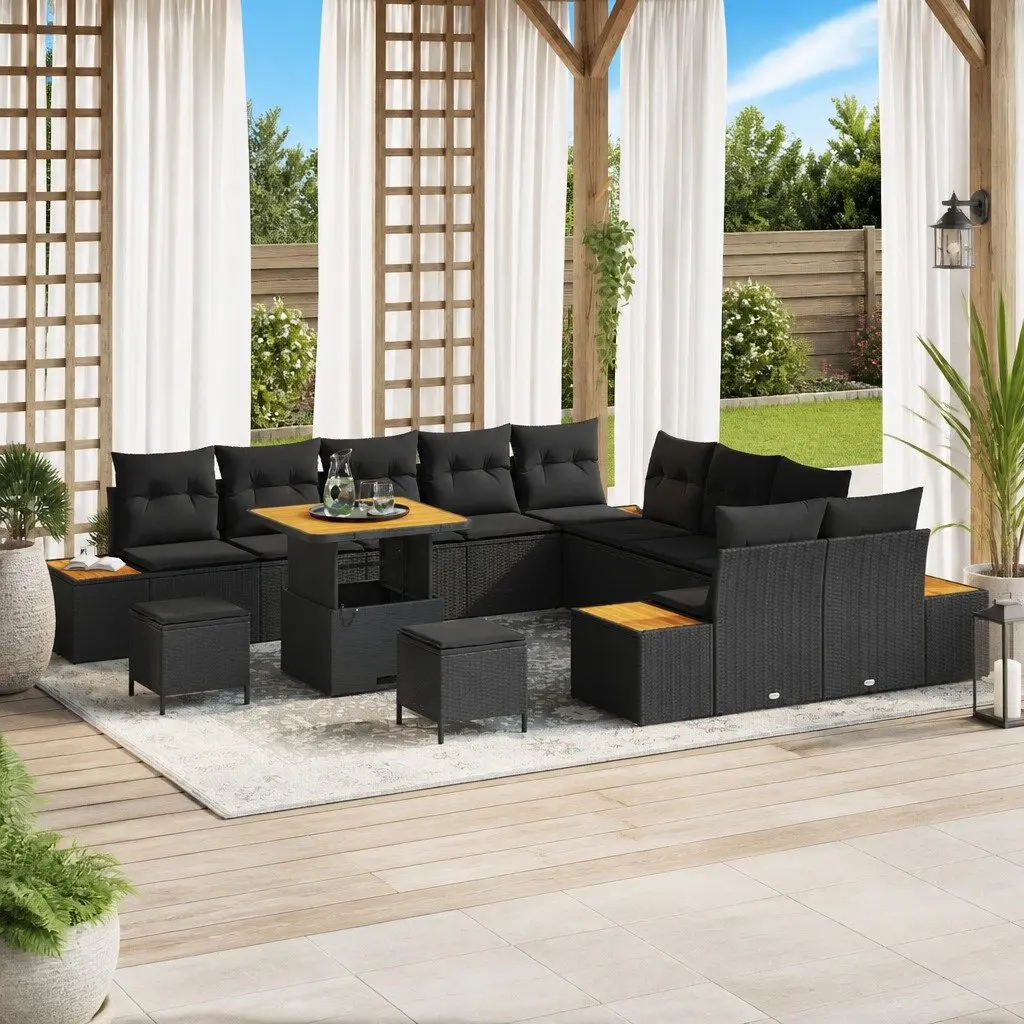 Outdoor Garden Sofa Set 13 Pieces Black Poly Rattan Cushions Powder-Coated Steel Frame