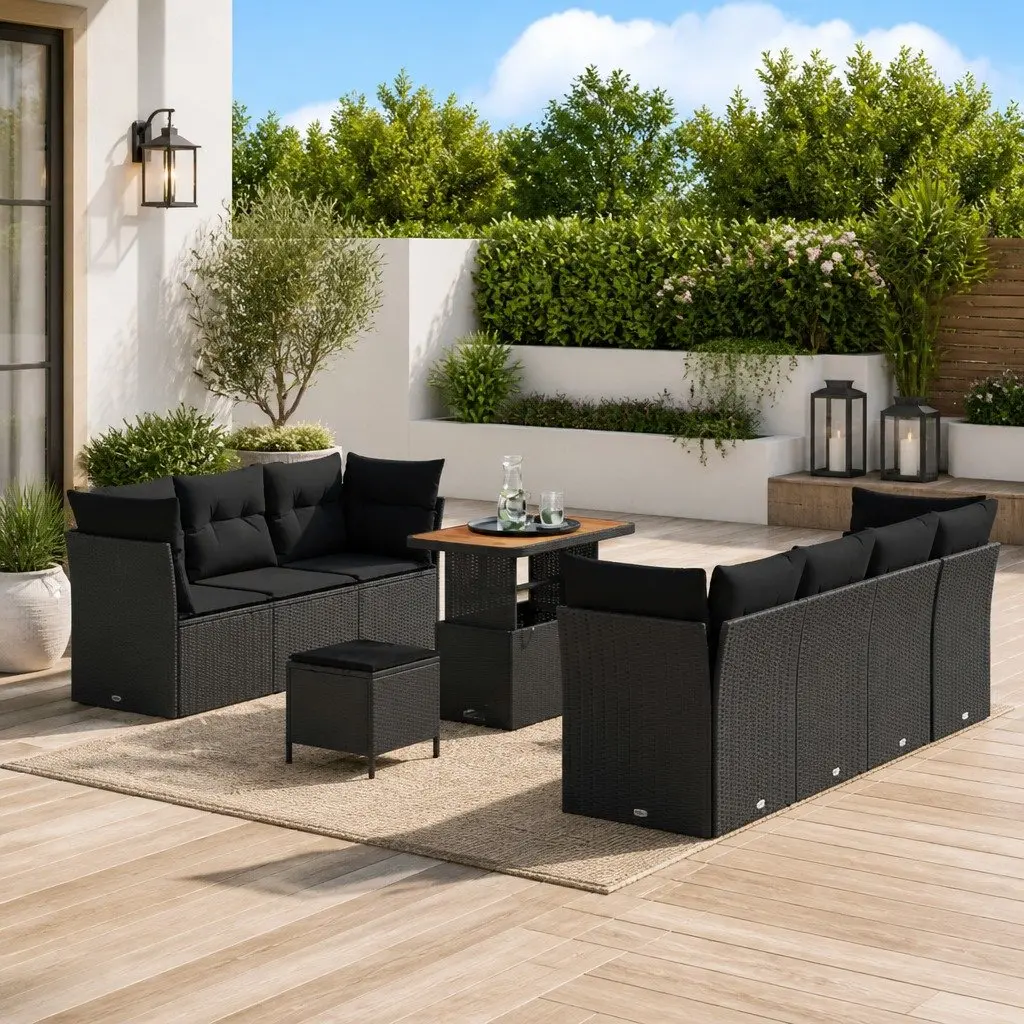 Modular Garden Sofa Set Black Poly Rattan 10 Piece Outdoor Seating