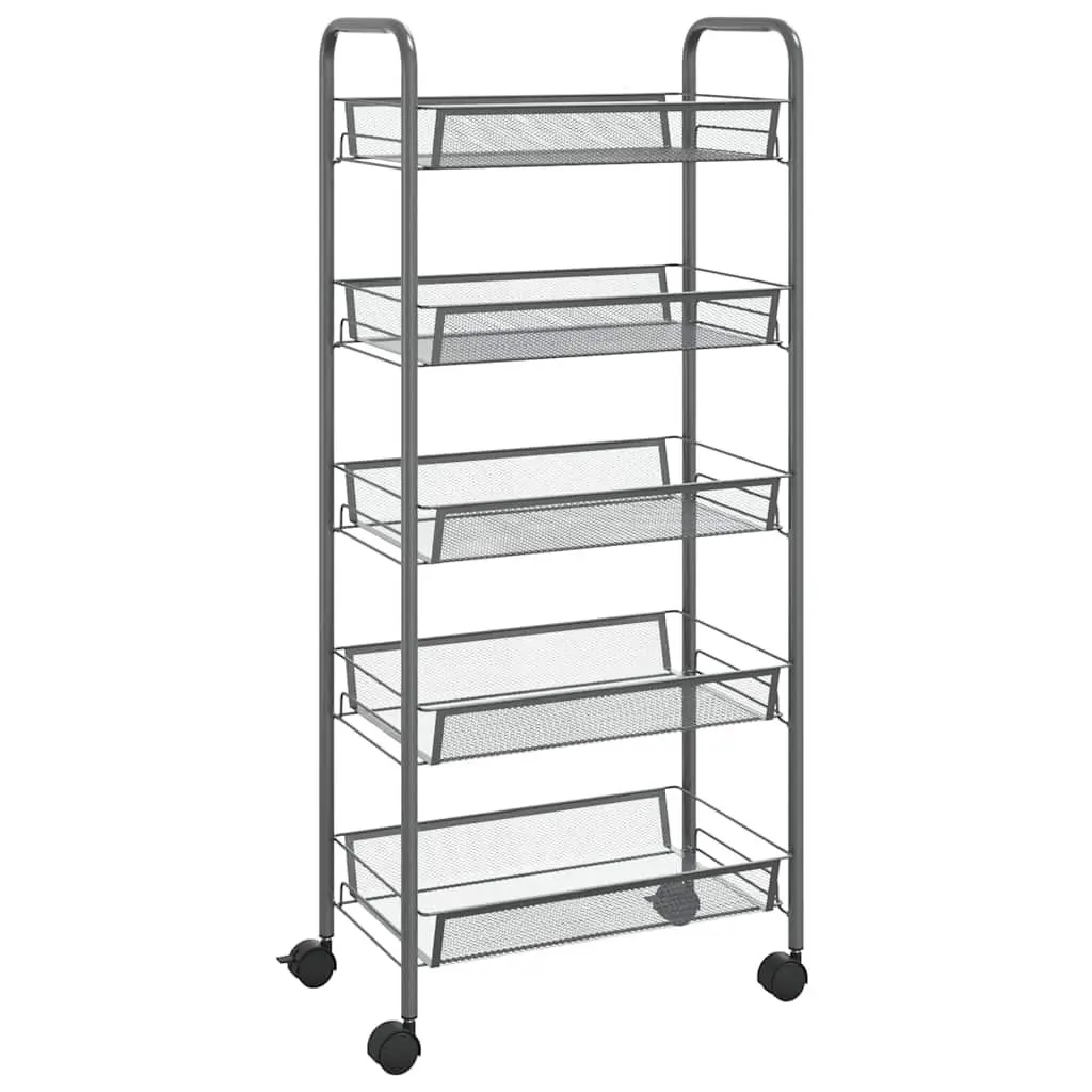5-Tier Kitchen Trolley Grey Storage Cart Organiser with Wheels Removable Baskets