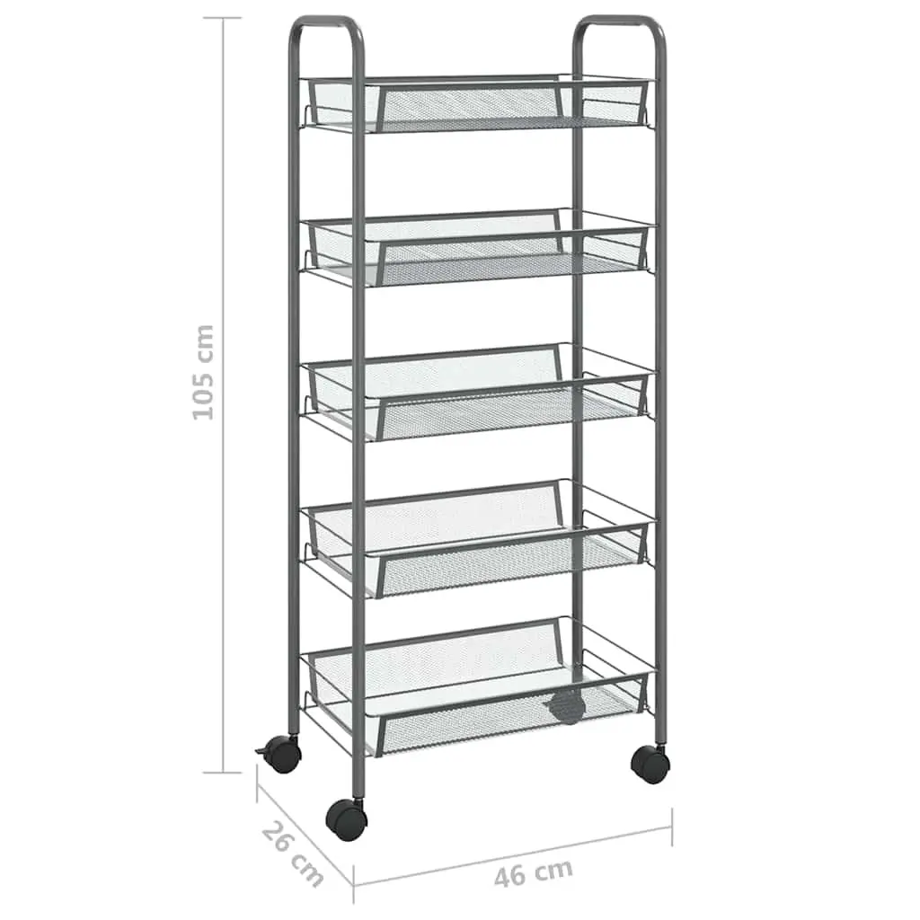 5-Tier Kitchen Trolley Grey Storage Cart Organiser with Wheels Removable Baskets