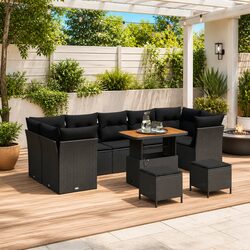 Modular Garden Sofa Set with Storage Benches Height-Adjustable Table Black