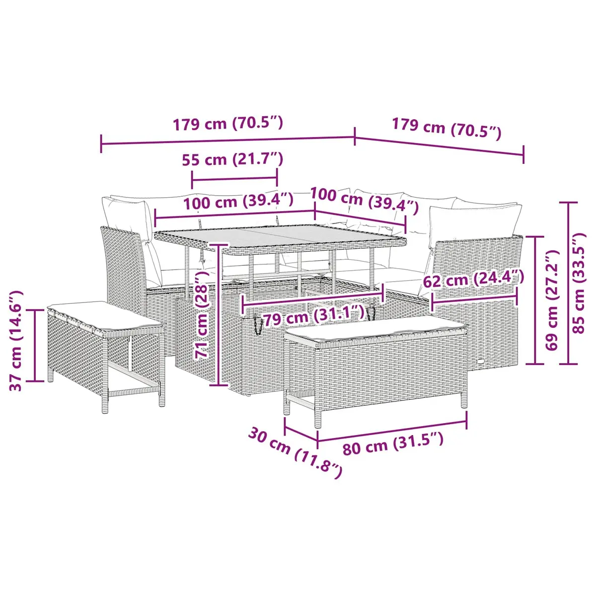 Modular Garden Sofa Set 8 Pieces Black Outdoor Seating Poly Rattan Steel