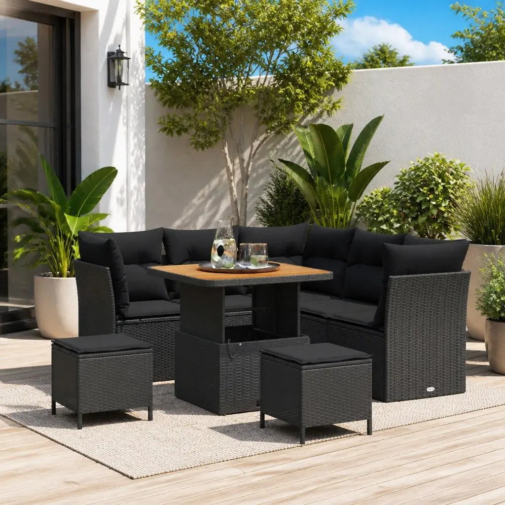 Outdoor Sofa Set Modular Black Poly Rattan Steel Frame 8 Piece