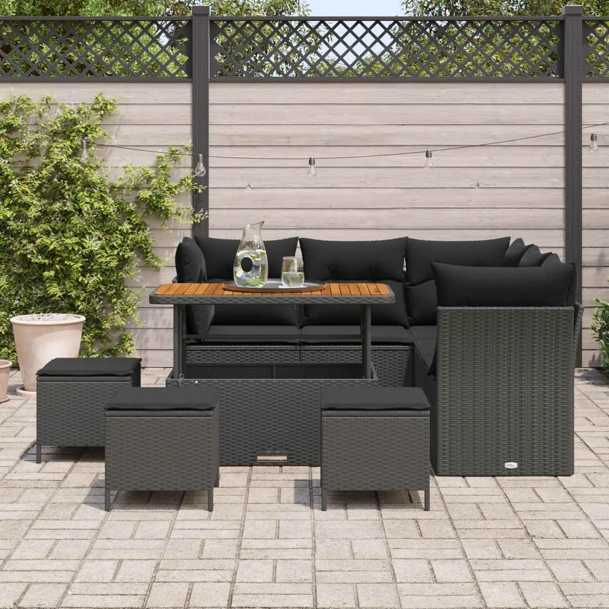 Modular Outdoor Sofa Set 9 Pieces Black Poly Rattan Steel Frame Garden Furniture