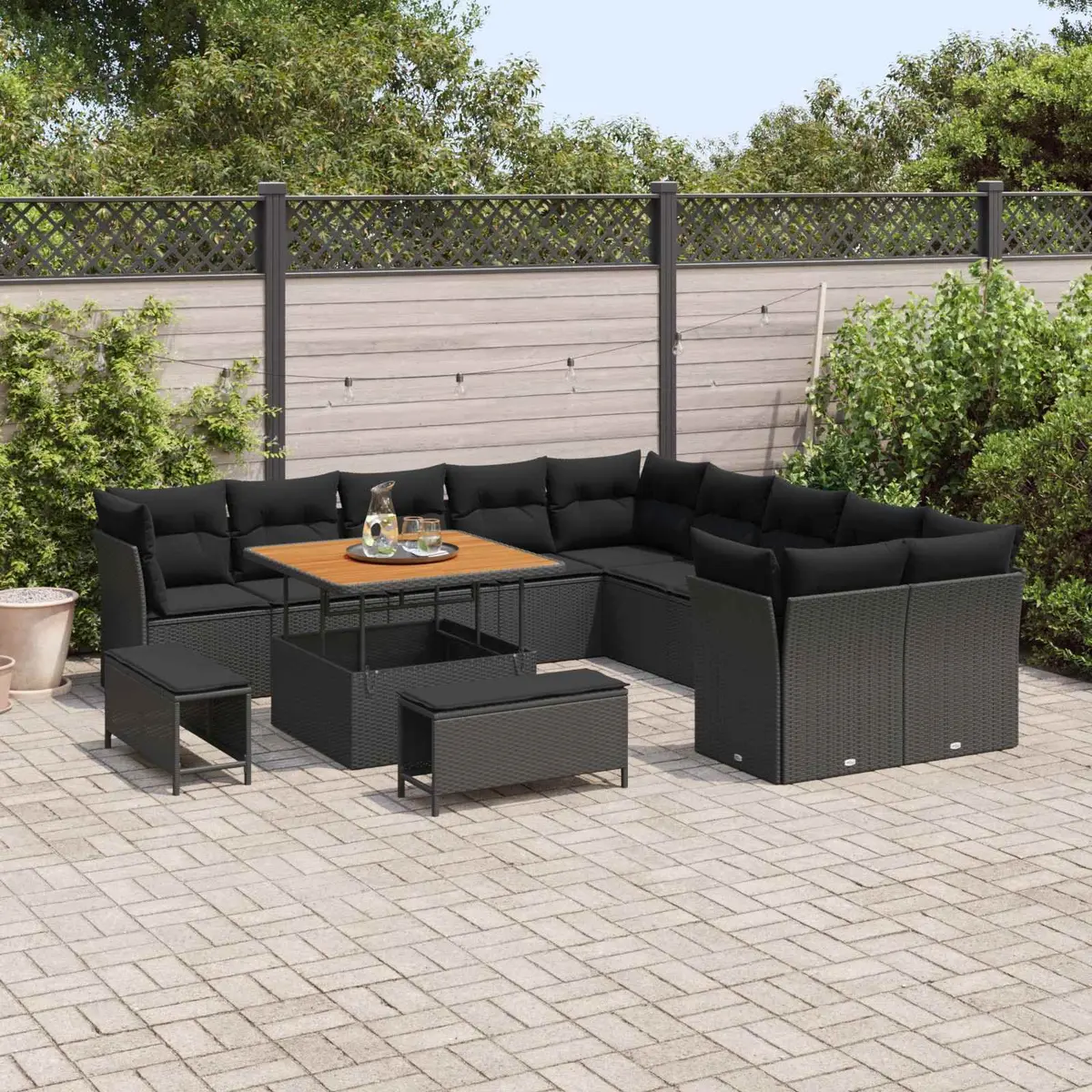 Modular Garden Sofa Set 13 Piece Black Poly Rattan Acacia Wood Table Top