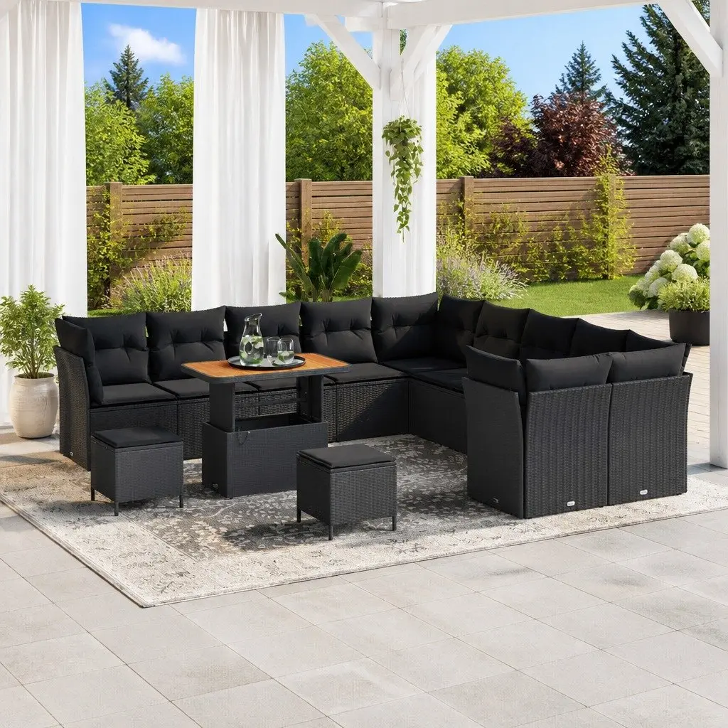 Modular Garden Sofa Set Black 13 Pieces Outdoor Seating with Storage Cushions