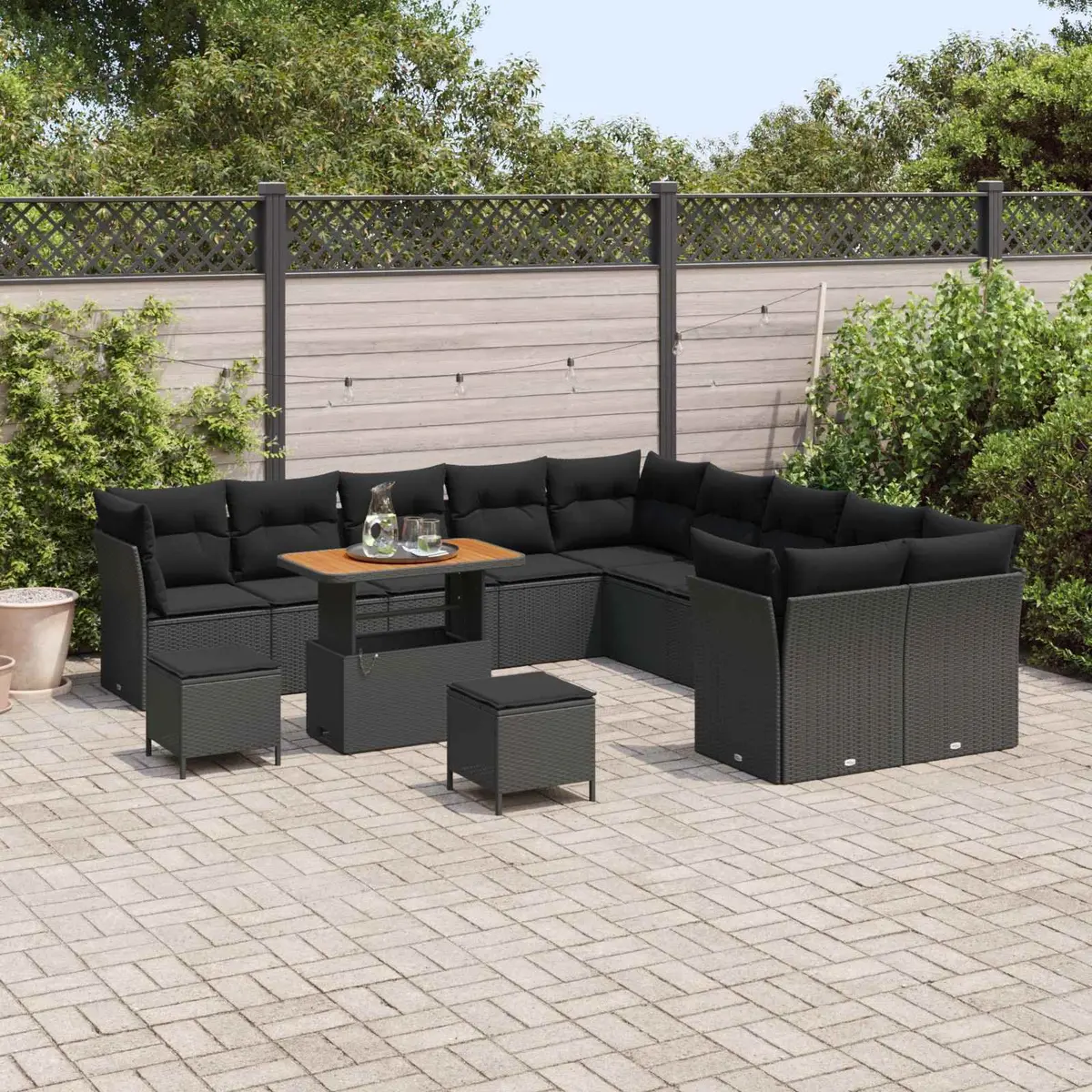 Modular Garden Sofa Set Black 13 Pieces Outdoor Seating with Storage Cushions