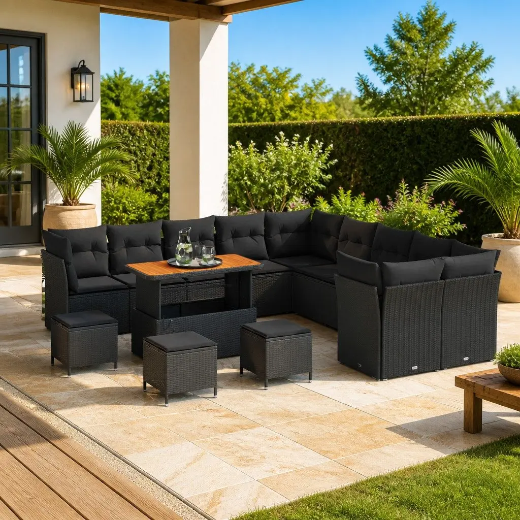 Modular Outdoor Garden Sofa Set 14 Pieces Black Poly Rattan with Cushions