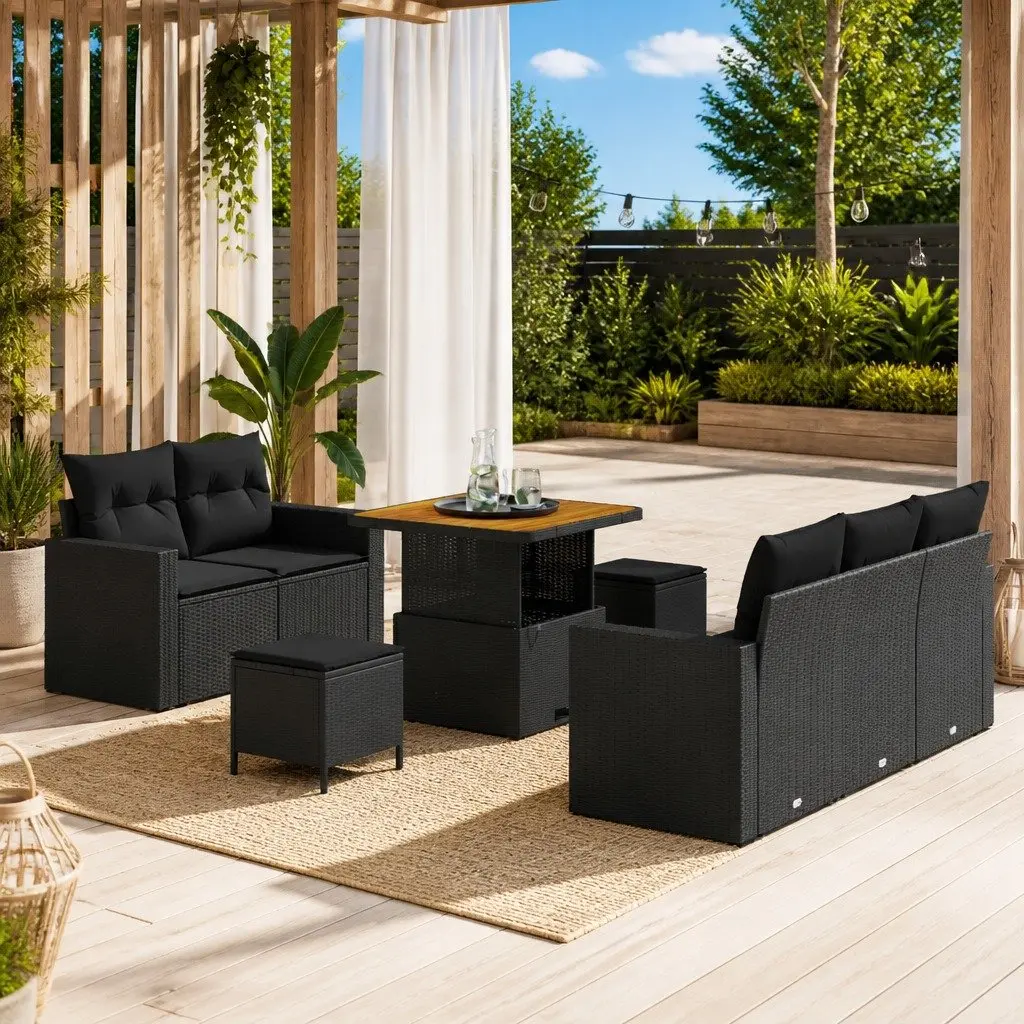 Modular Outdoor Garden Sofa Set 8 Piece Black Poly Rattan Lounge with Storage