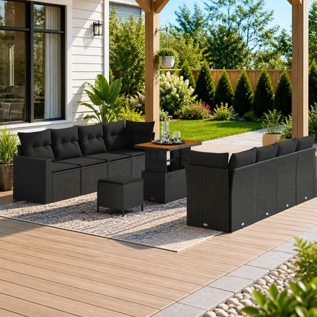 Modular Garden Sofa Set Black Poly Rattan Cushion 12 Piece