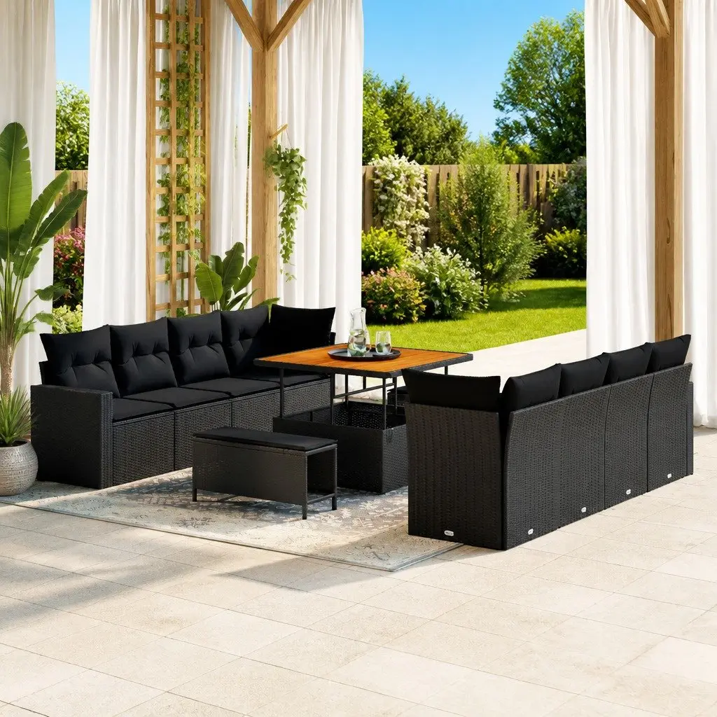 Modular Garden Sofa Set Black Poly Rattan 12 Pieces Outdoor Seating