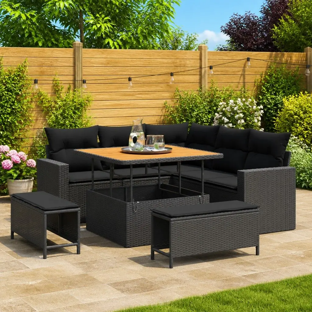 Garden Sofa Set Modular 9 Piece Black Poly Rattan Outdoor Seating