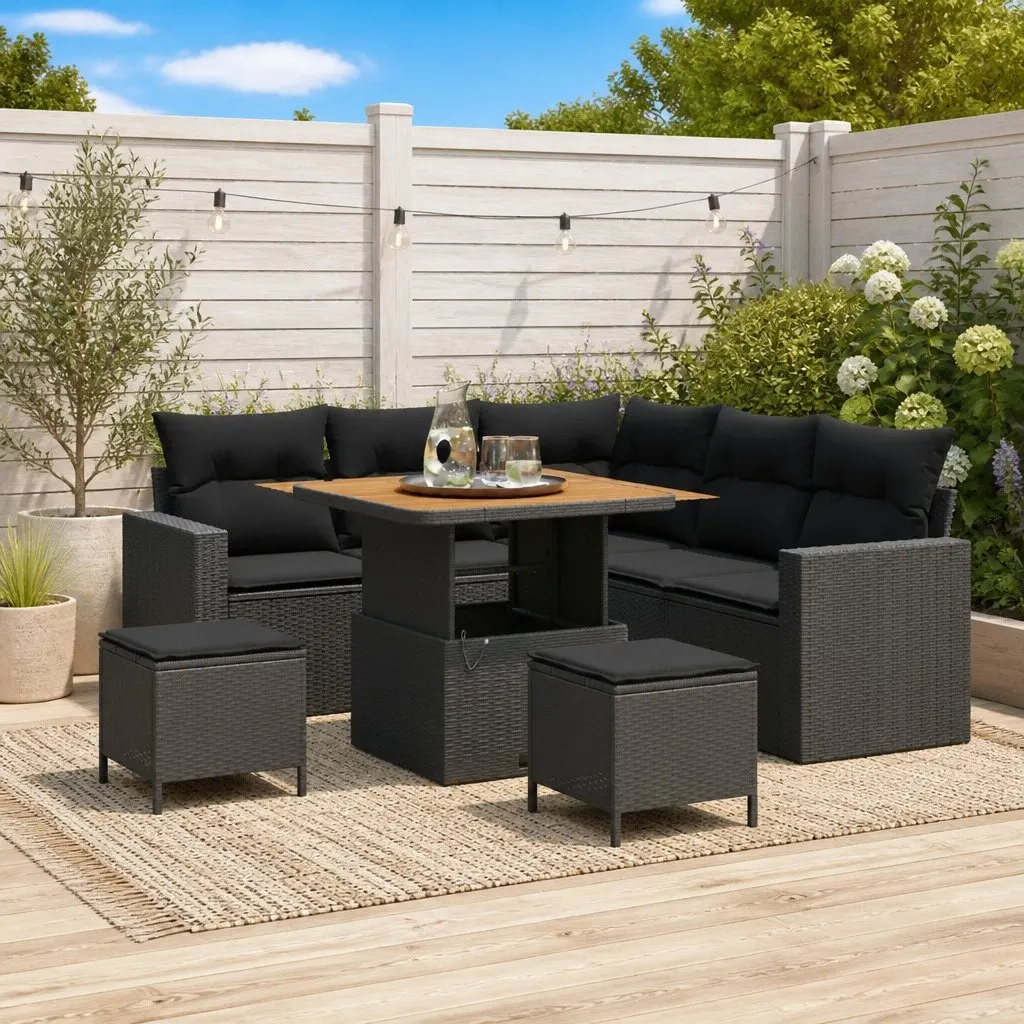 Outdoor Modular Garden Sofa Set 9 Piece Black Poly Rattan Cushions