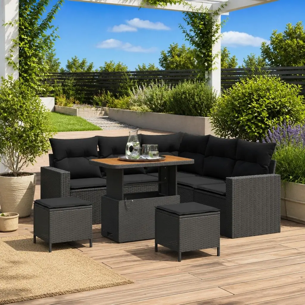 Modular Outdoor Seating Set 9 Piece Black Poly Rattan Garden Sofa for Patio