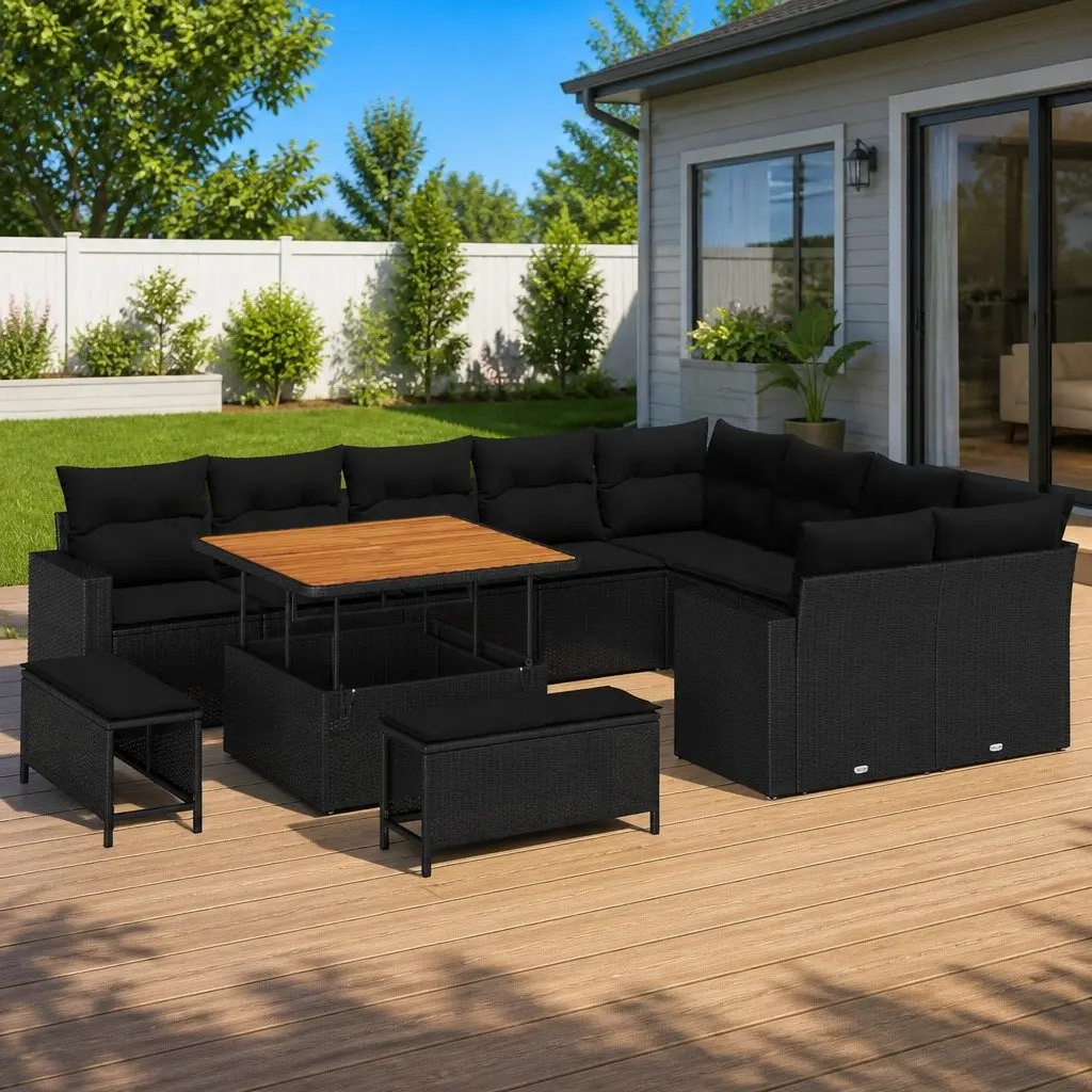 Modular Outdoor Garden Sofa Set Black Poly Rattan Acacia Wood with Weather Resistant Cushions 13 Piece