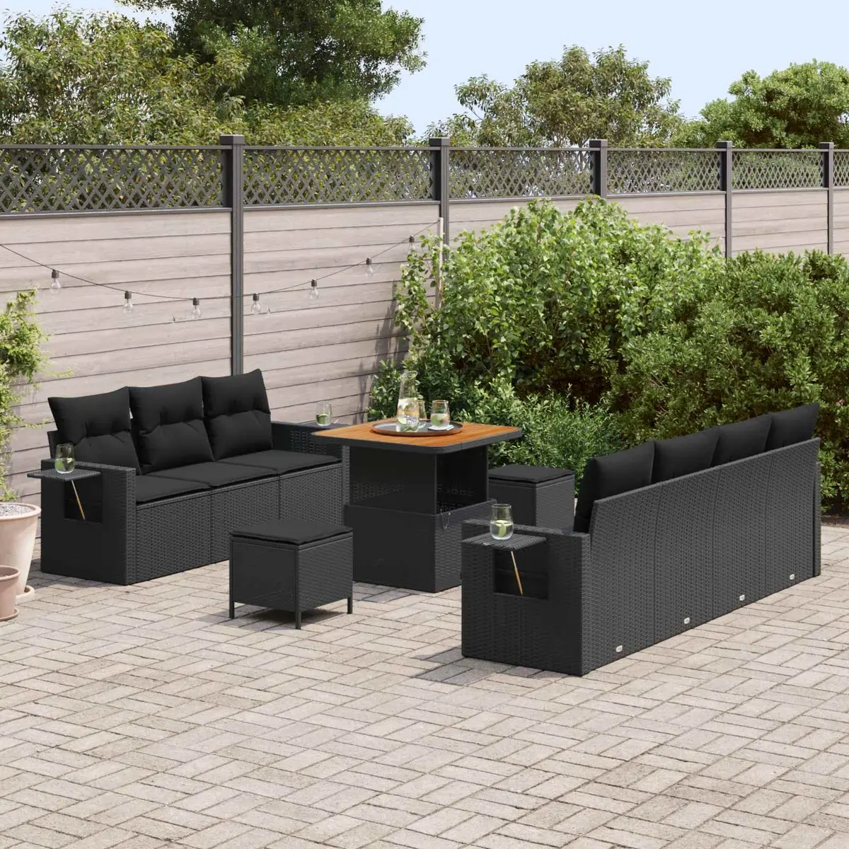 Modular Garden Sofa Set with Storage Benches Adjustable Acacia Wood Table Black