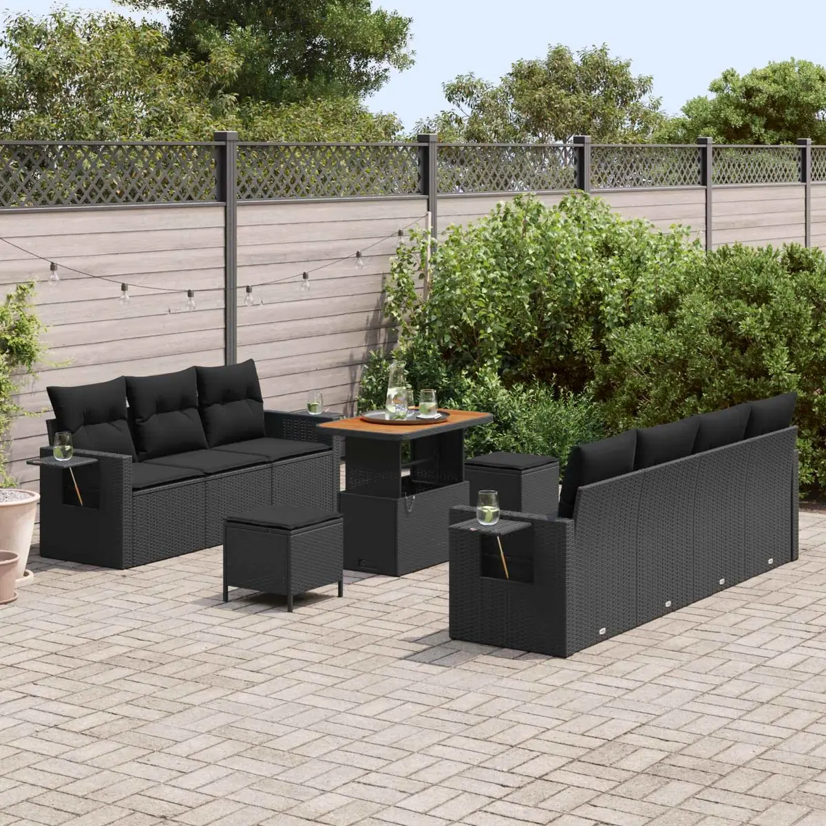 Modular Garden Sofa Set Black Poly Rattan 10 Pieces Outdoor Seating with Storage