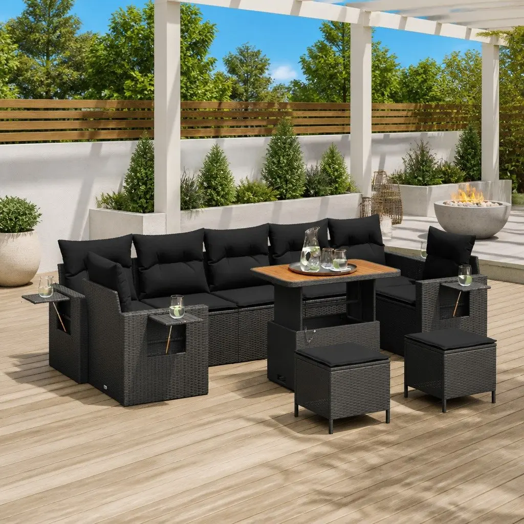 Modular Outdoor Garden Sofa Set Black Poly Rattan Sectional Patio Lounge