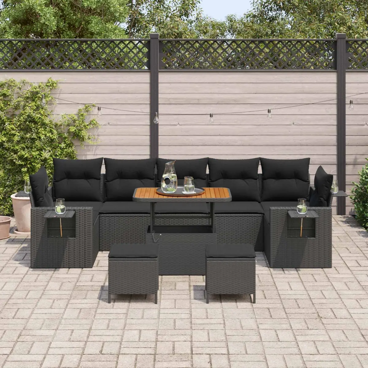 Modular Outdoor Garden Sofa Set Black Poly Rattan Sectional Patio Lounge