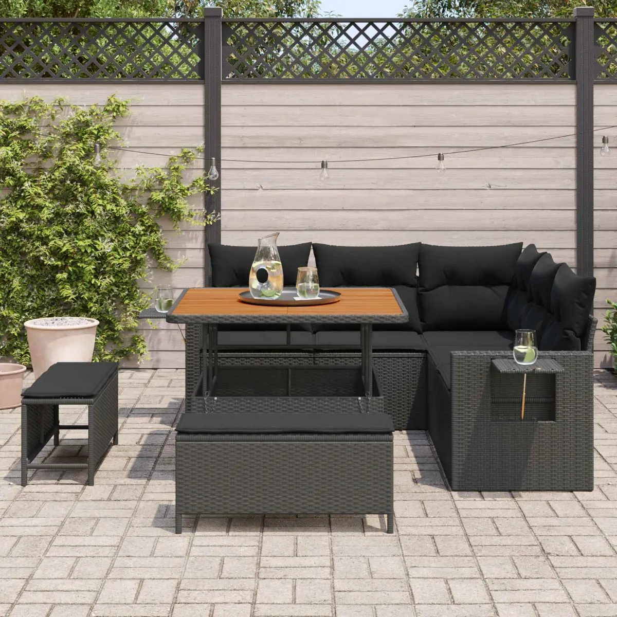 Outdoor Garden Sofa Set 9 Pcs Black Poly Rattan Modular Patio Seating Cushion