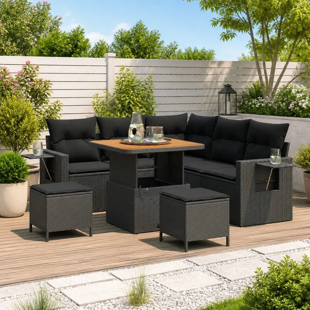 Outdoor Garden Sofa Set 9pcs Black Modular Poly Rattan Patio Seating Lounge