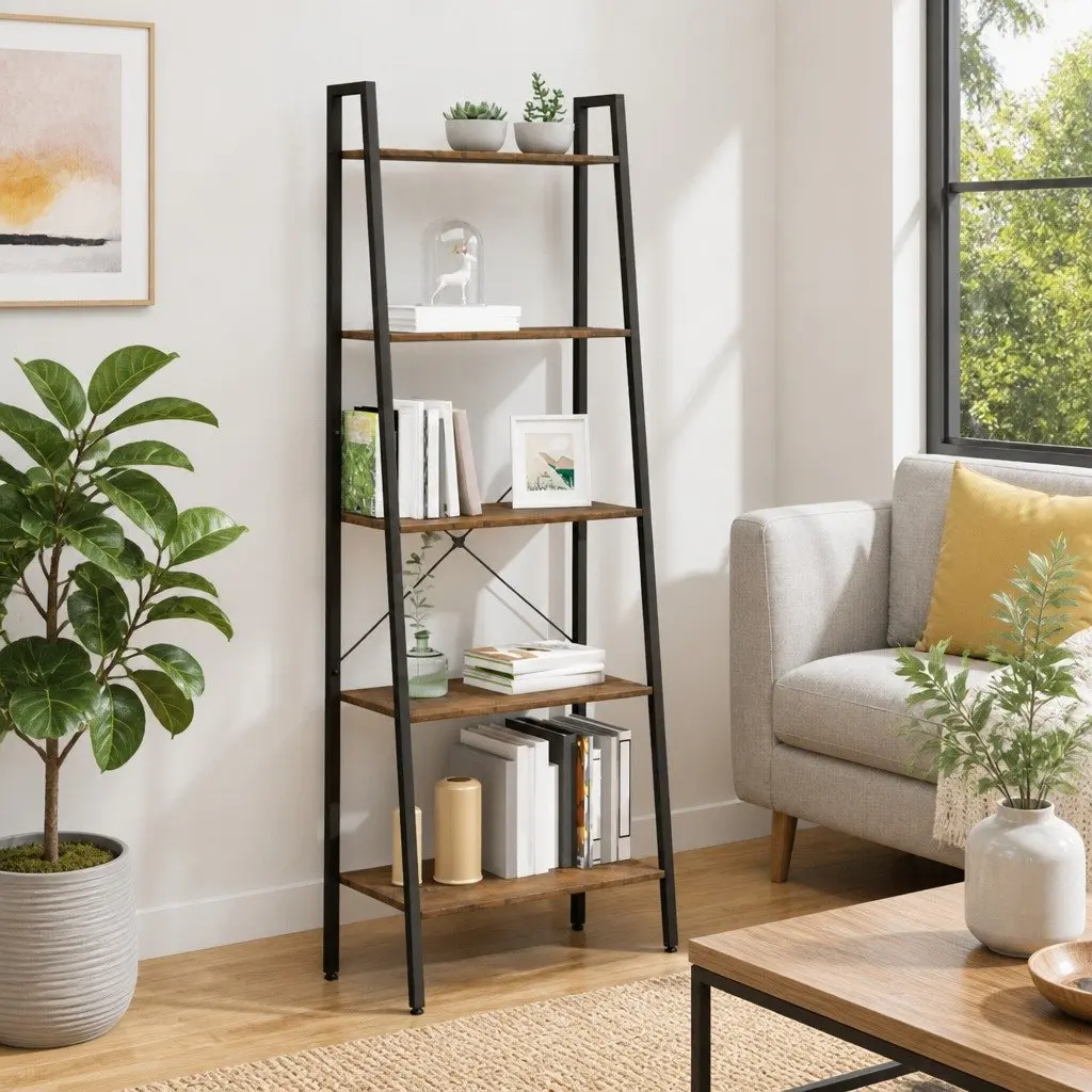 5-Tier Standing Shelf Dark Brown Black Storage Bookcase Home Office Display Rack