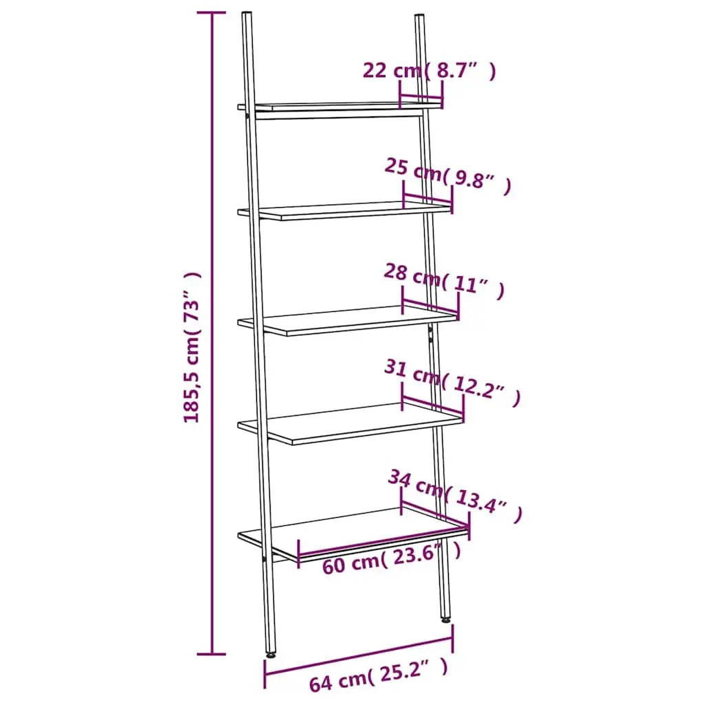 5-Tier Leaning Shelf Storage Bookcase Brown Black 64W x 34D x 185.5H cm