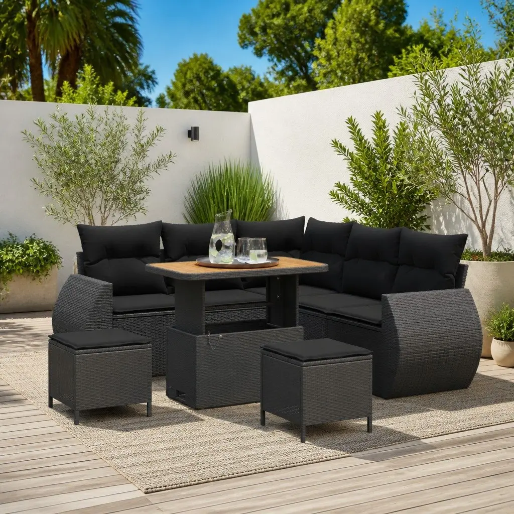 Modular Garden Sofa Set Black Poly Rattan 8 Piece