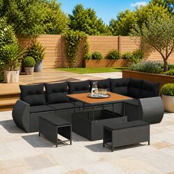 Outdoor Garden Sofa Set 9 Pieces Modular Poly Rattan Acacia Wood Black Seating