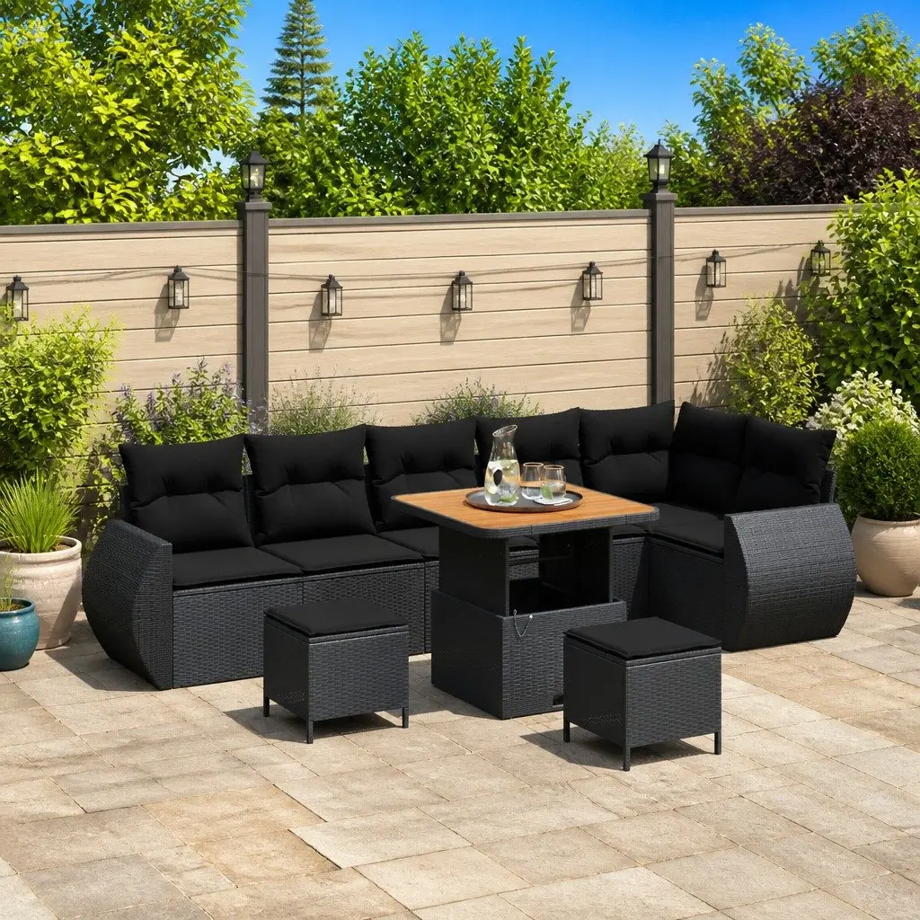 9 Piece Modular Outdoor Sofa Set Black Poly Rattan with Cushions for Garden and Terrace