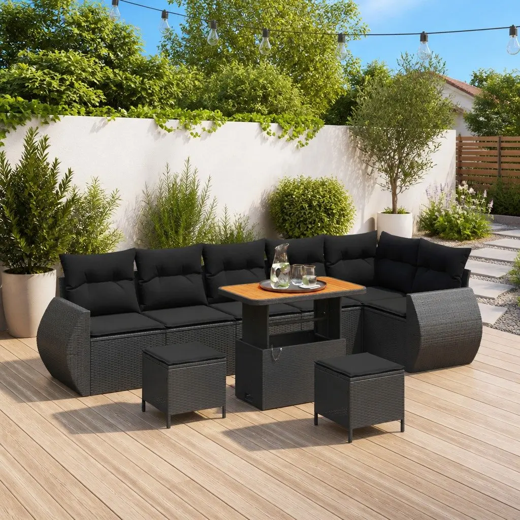 Outdoor Garden Sofa Set 9 Piece Poly Rattan Black Modular Seating with Cushions