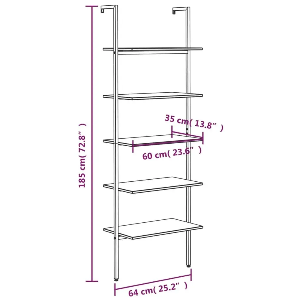5-Tier Leaning Shelf Dark Brown Black Storage Bookcase