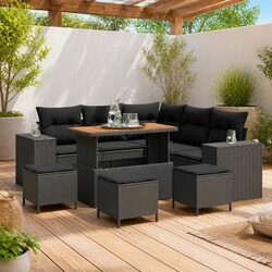 Outdoor Modular Garden Sofa Set 9-Piece Patio Seating Poly Rattan Black Cushions