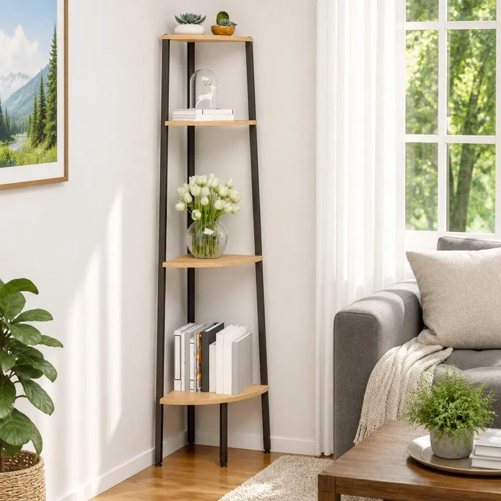 4-Tier Corner Shelf Unit Storage Bookcase Standing Shelves Living Room Home