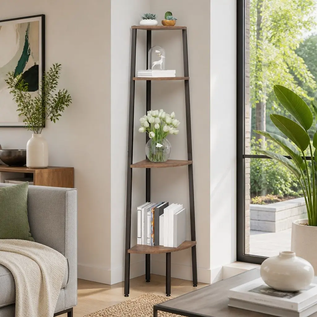 4-Tier Corner Shelf Storage Dark Brown Black 45.5x31.5x150cm Compact Steel Frame