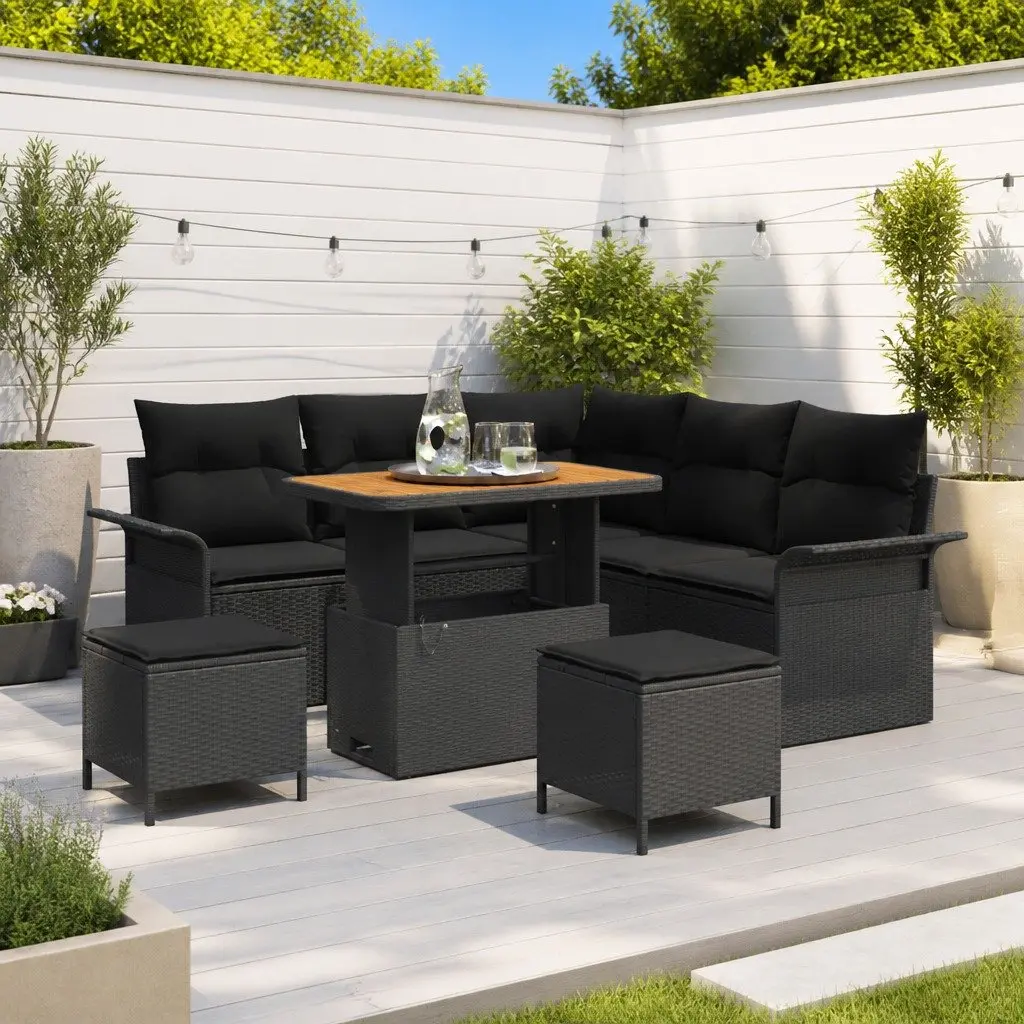 Outdoor Garden Sofa Set 8 Piece Black Rattan Patio Seating with Storage