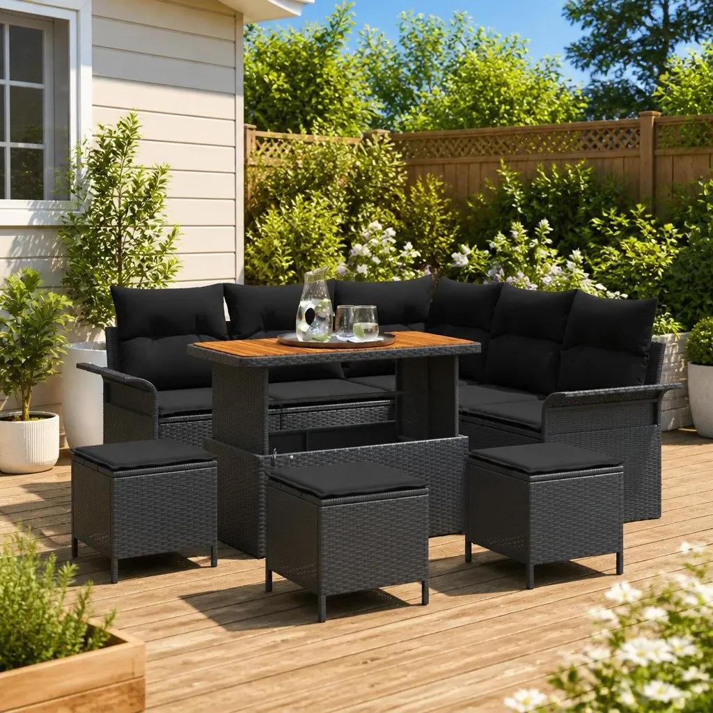 Outdoor Garden Sofa Set 9pcs with Storage Cushions Black Patio Seating
