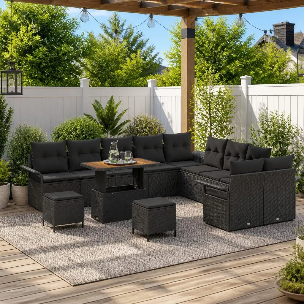 Outdoor Garden Sofa Set 13 pcs Black Poly Rattan Patio Furniture with Storage