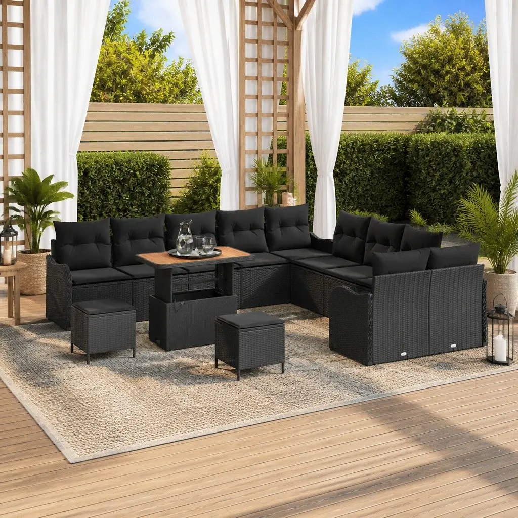 Outdoor Garden Sofa Set 13 Pieces Black Poly Rattan with Powder Coated Steel Frame and Solid Acacia Wood Accents
