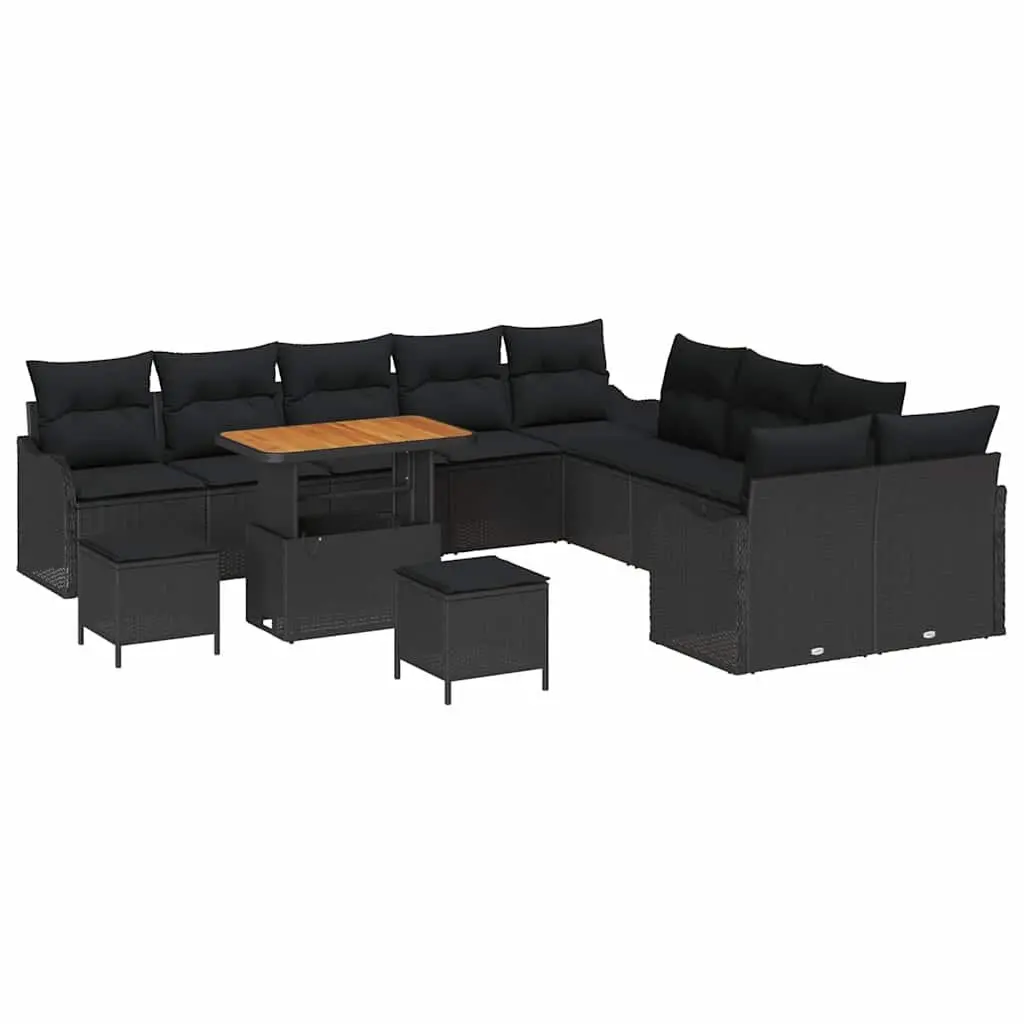 Outdoor Garden Sofa Set 13 Pieces Black Poly Rattan with Powder Coated Steel Frame and Solid Acacia Wood Accents