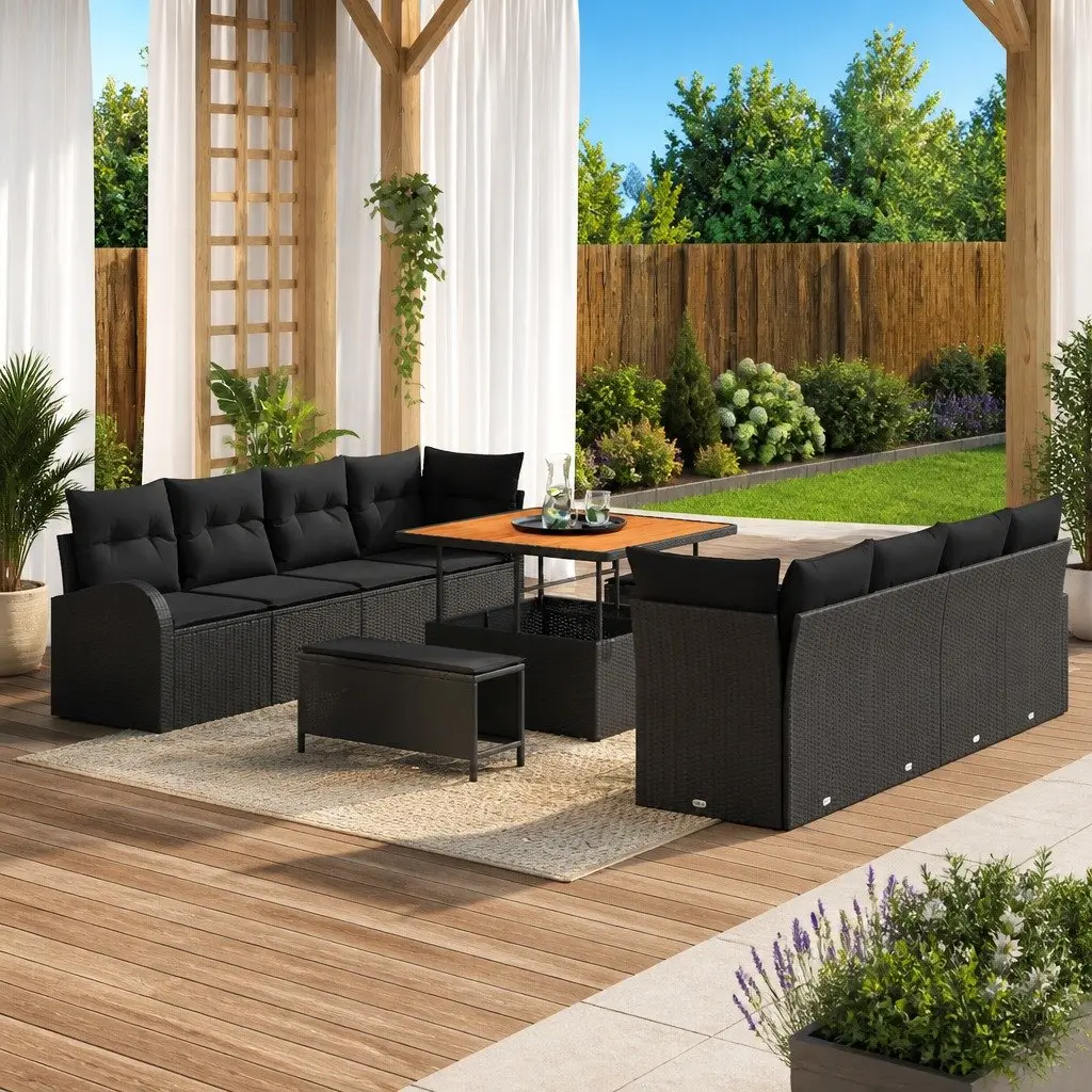 11 Piece Black Poly Rattan Patio Sofa Set with Storage and Cushions for Outdoor Garden and Terrace Seating