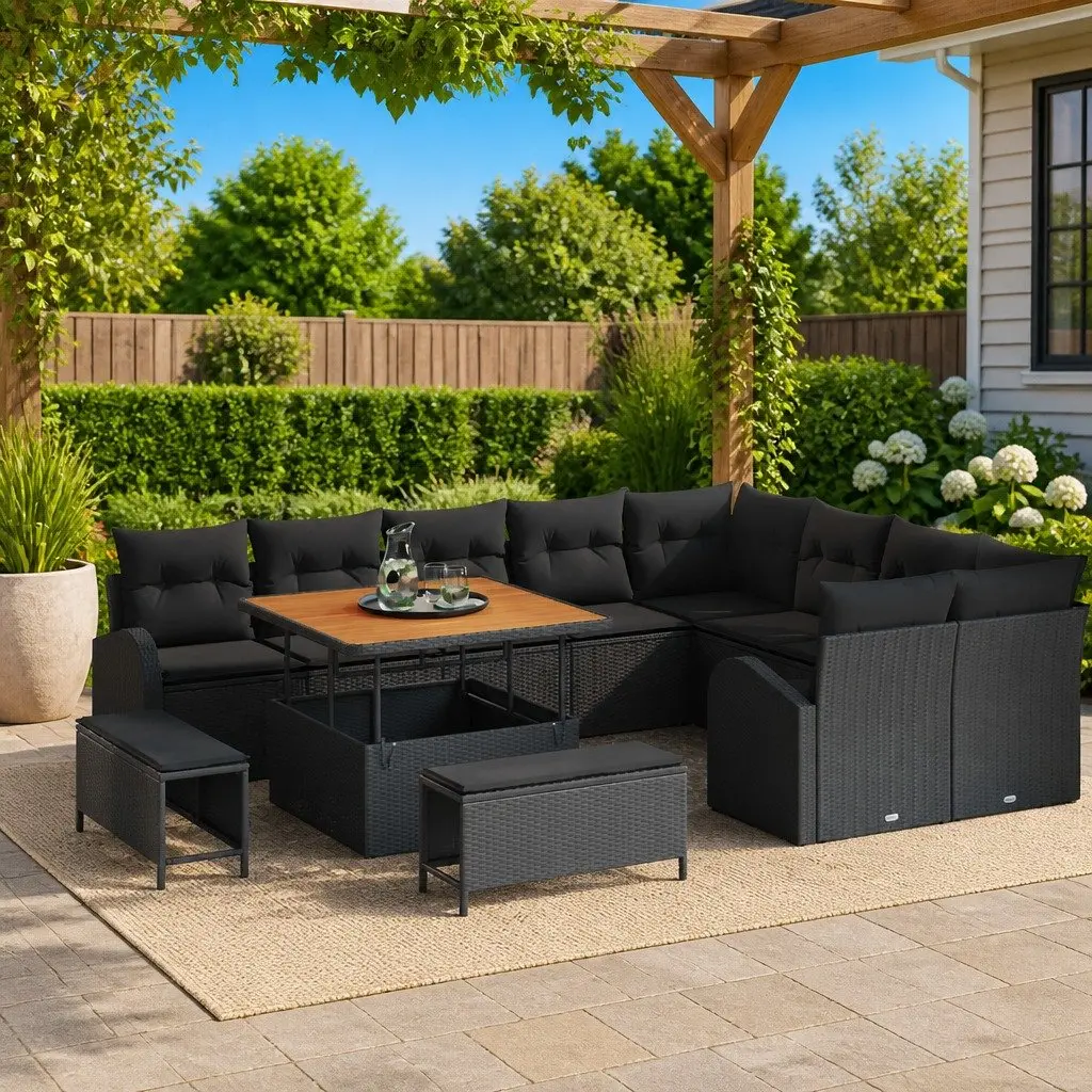 12 Piece Modular Outdoor Sofa Set Black Poly Rattan with Storage Compartments