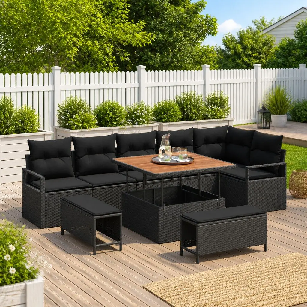 Modular Garden Sofa Set 9 Piece Outdoor Seating with Storage Cushions Black