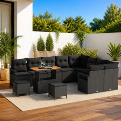 Outdoor Sofa Set 12pc Black Poly Rattan Garden Seating with Cushion Storage