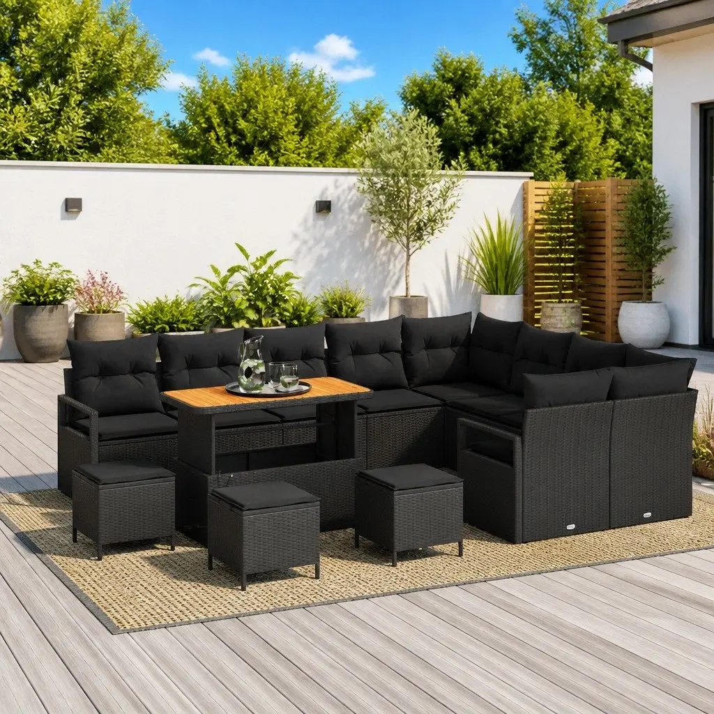 Outdoor Sofa Set with Integrated Storage 13 Piece Black Poly Rattan