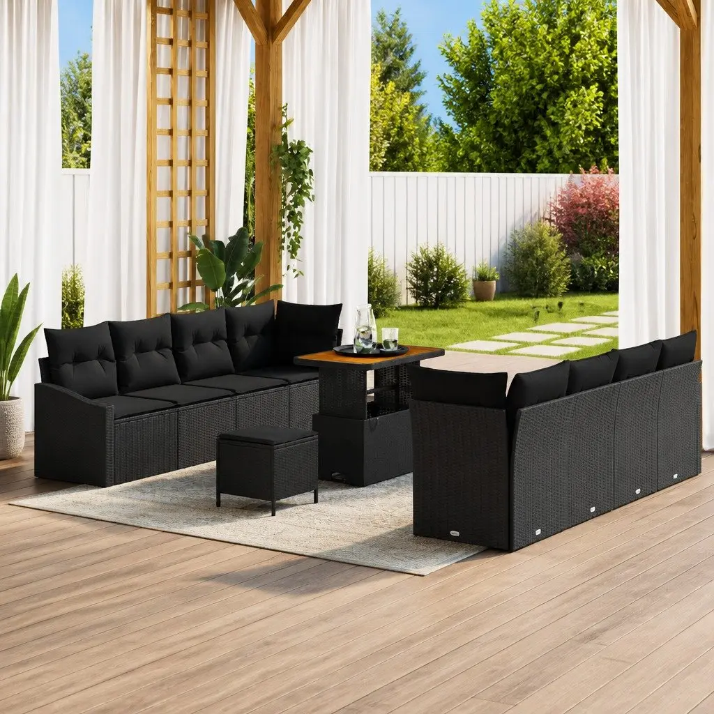 11 Piece Patio Seating Set Black Poly Rattan Outdoor Sofa with Storage