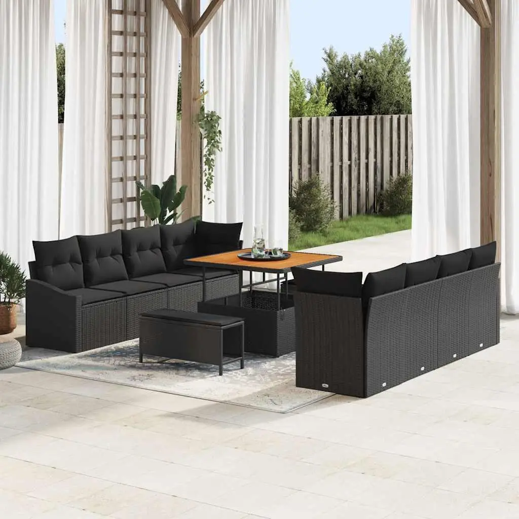 Outdoor Garden Sofa Set Black Poly Rattan 11 Piece Patio Seating with Storage