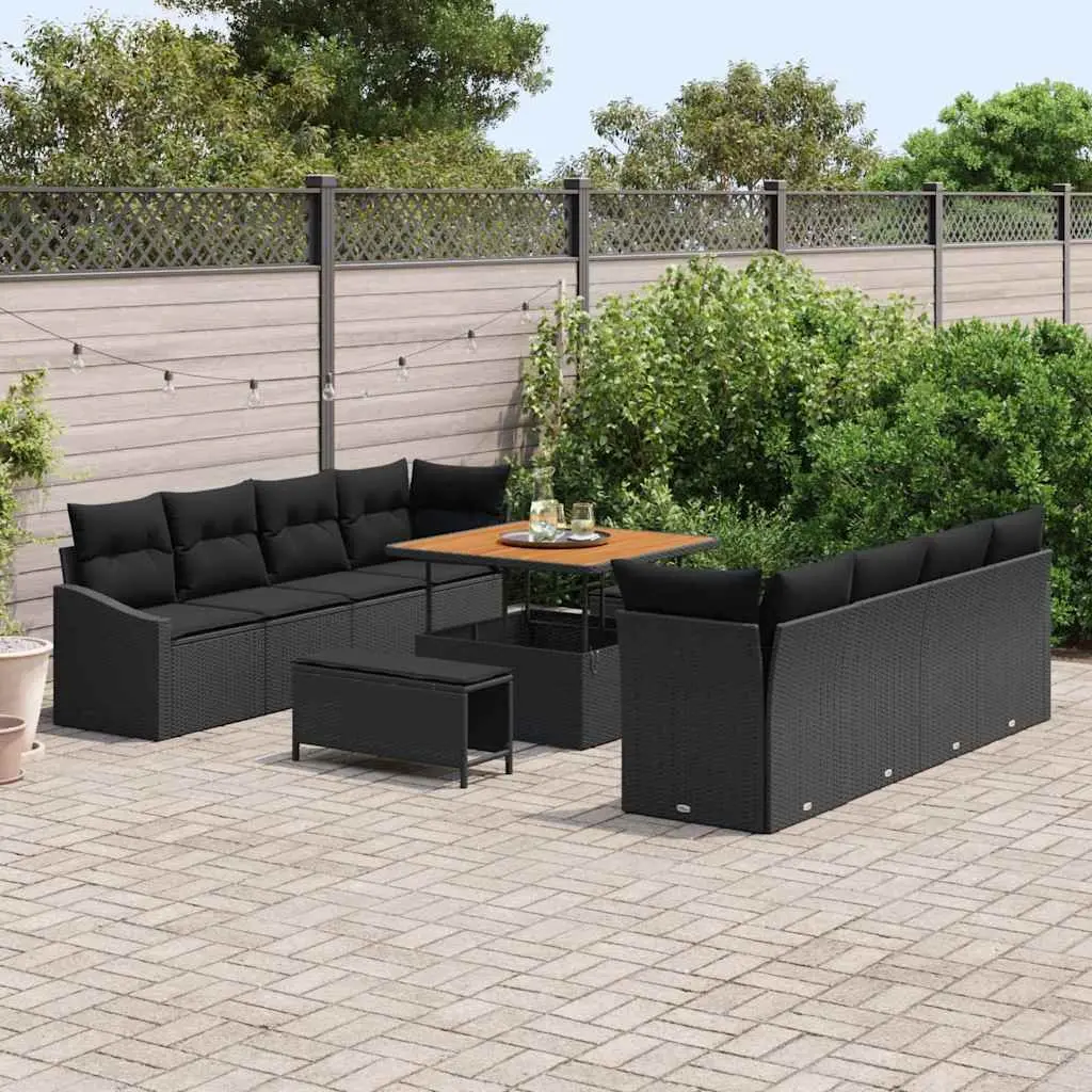 Outdoor Garden Sofa Set Black Poly Rattan 11 Piece Patio Seating with Storage