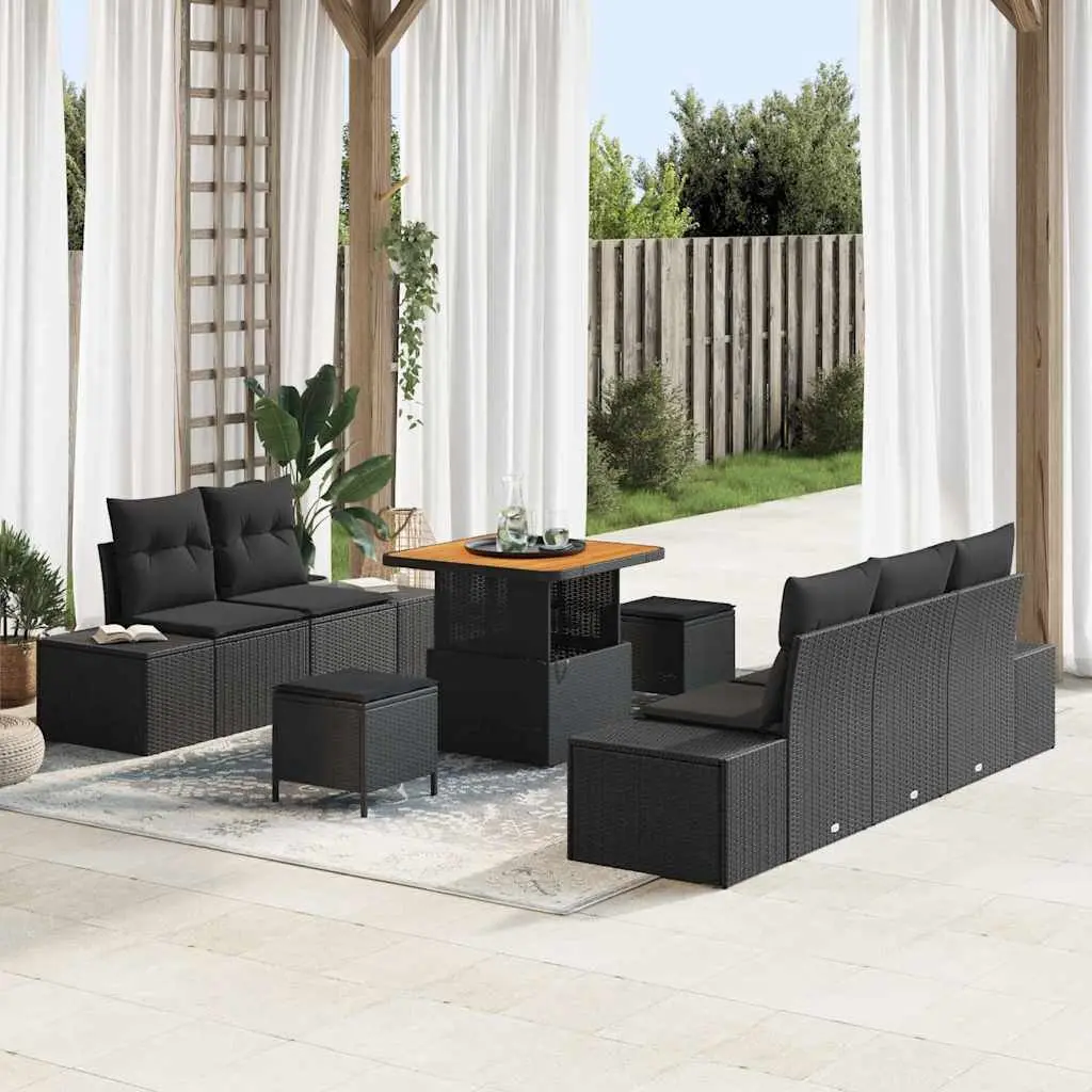 Outdoor Garden Sofa Set 8 Pieces Black Poly Rattan Weather-Resistant with Cushions